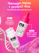 K18 heat bounce and hair mask products on a pink background with text about damage repair and protection.